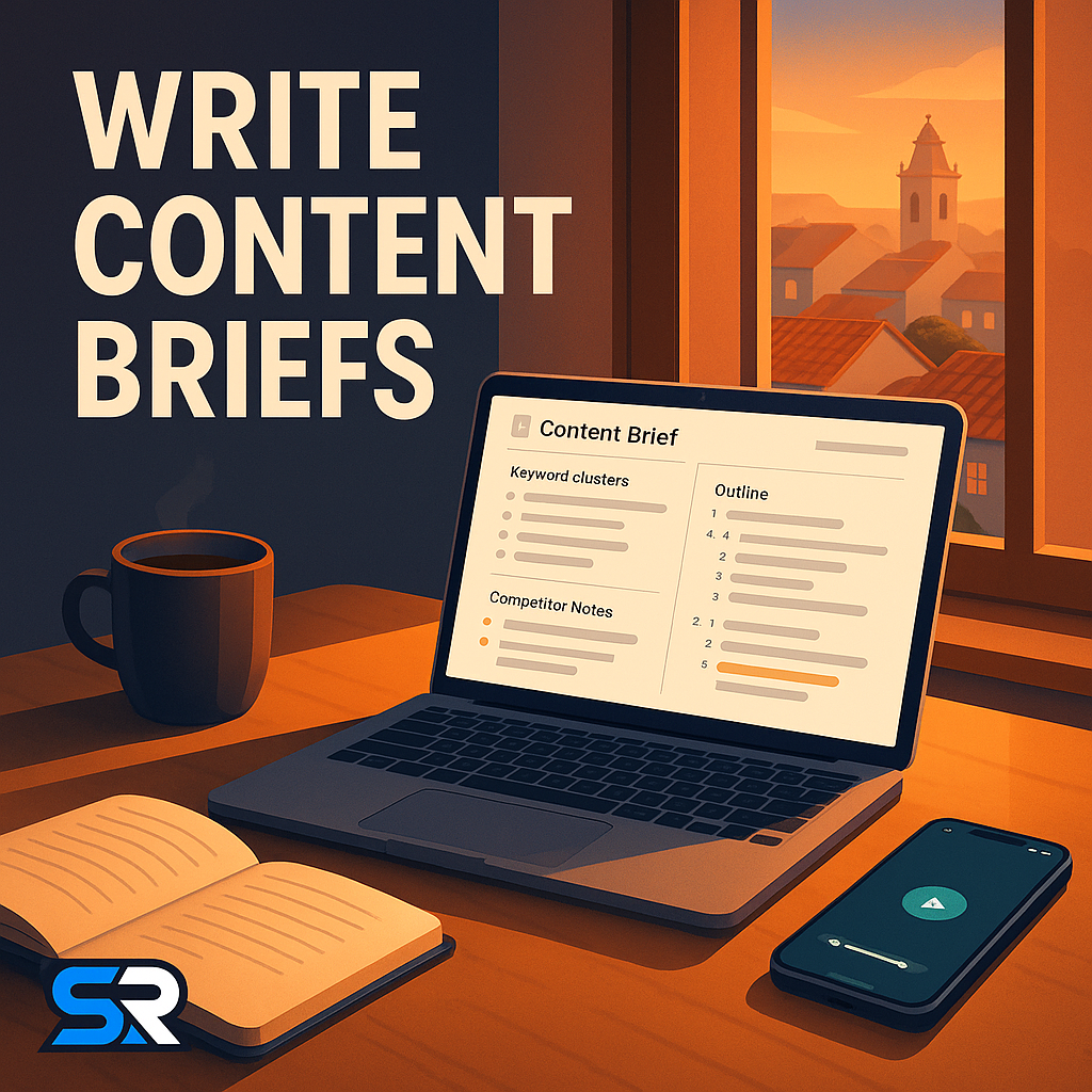 Marketer reviewing a structured content brief document with outline and keyword data on a laptop screen