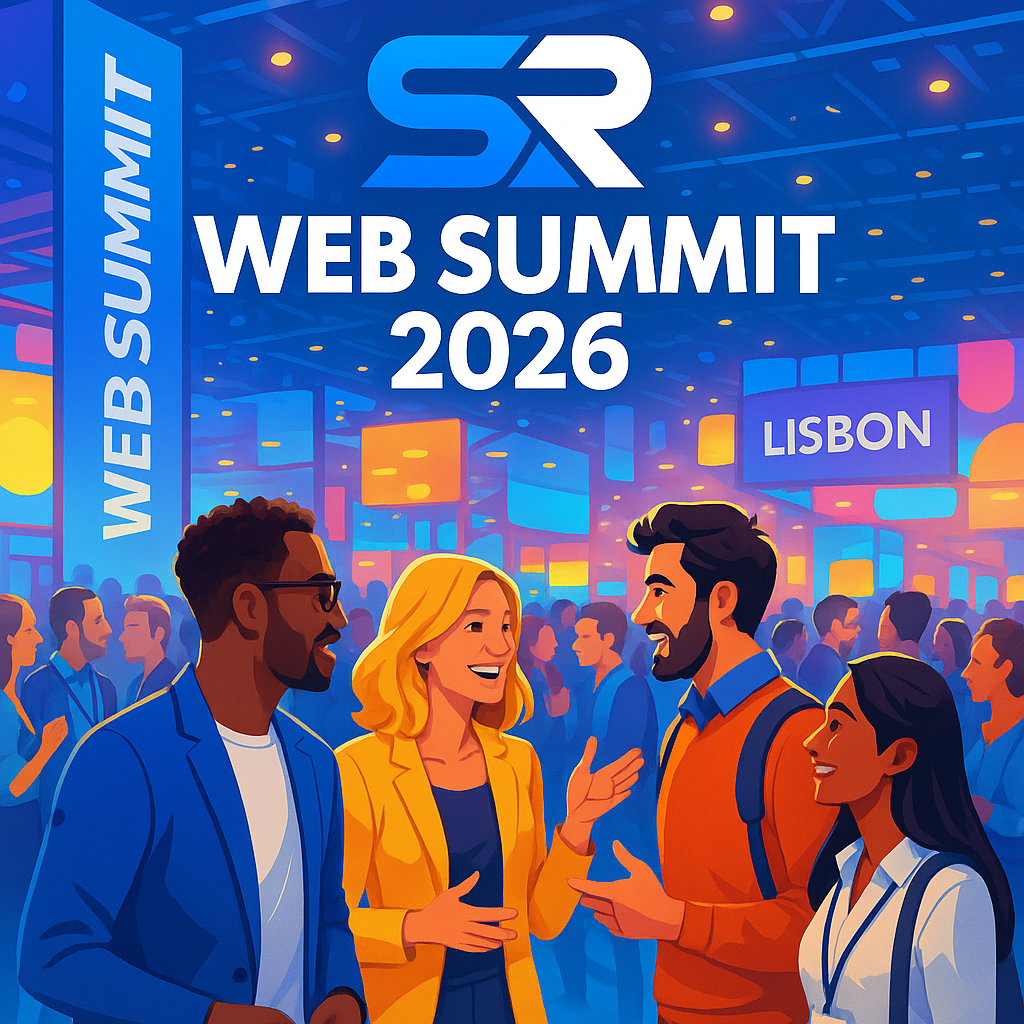 Conference hall at Web Summit 2026 in Lisbon with attendees discussing and networking.
