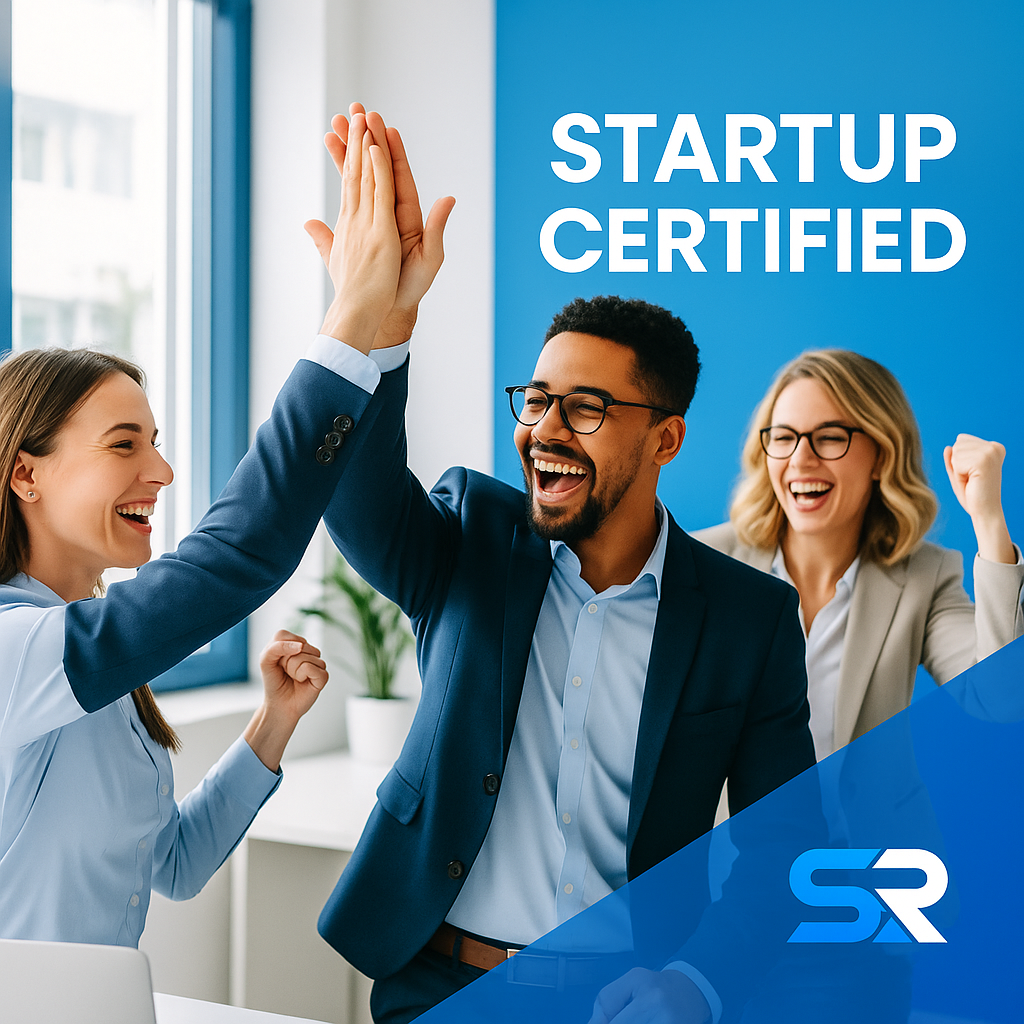 Shift Ranks team celebrating startup certification in a modern office