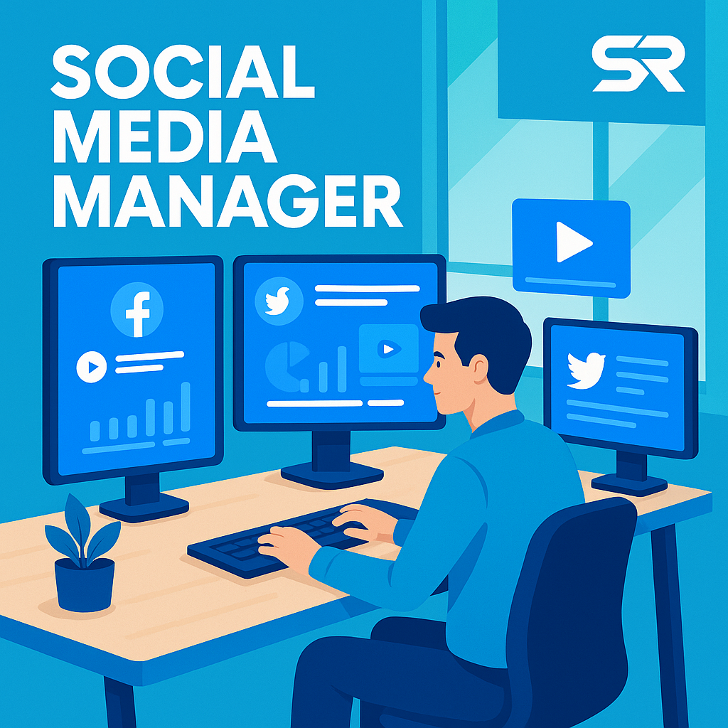 Social media manager at desk with multiple screens displaying social media platforms