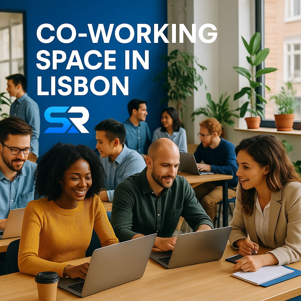 Professionals collaborating in a Lisbon co-working space with modern design.