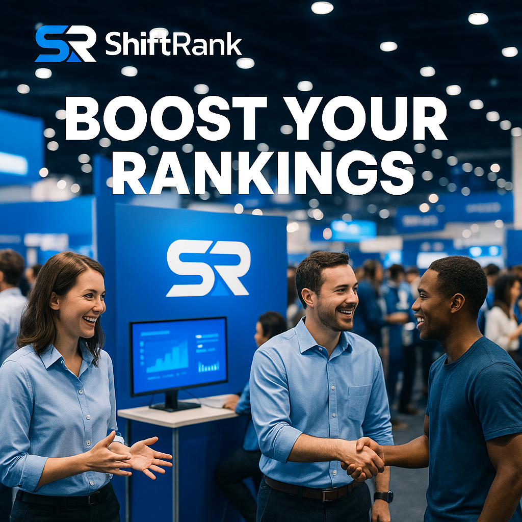 Shift Ranks team presenting at Web Summit 2026 with tech products on display.
